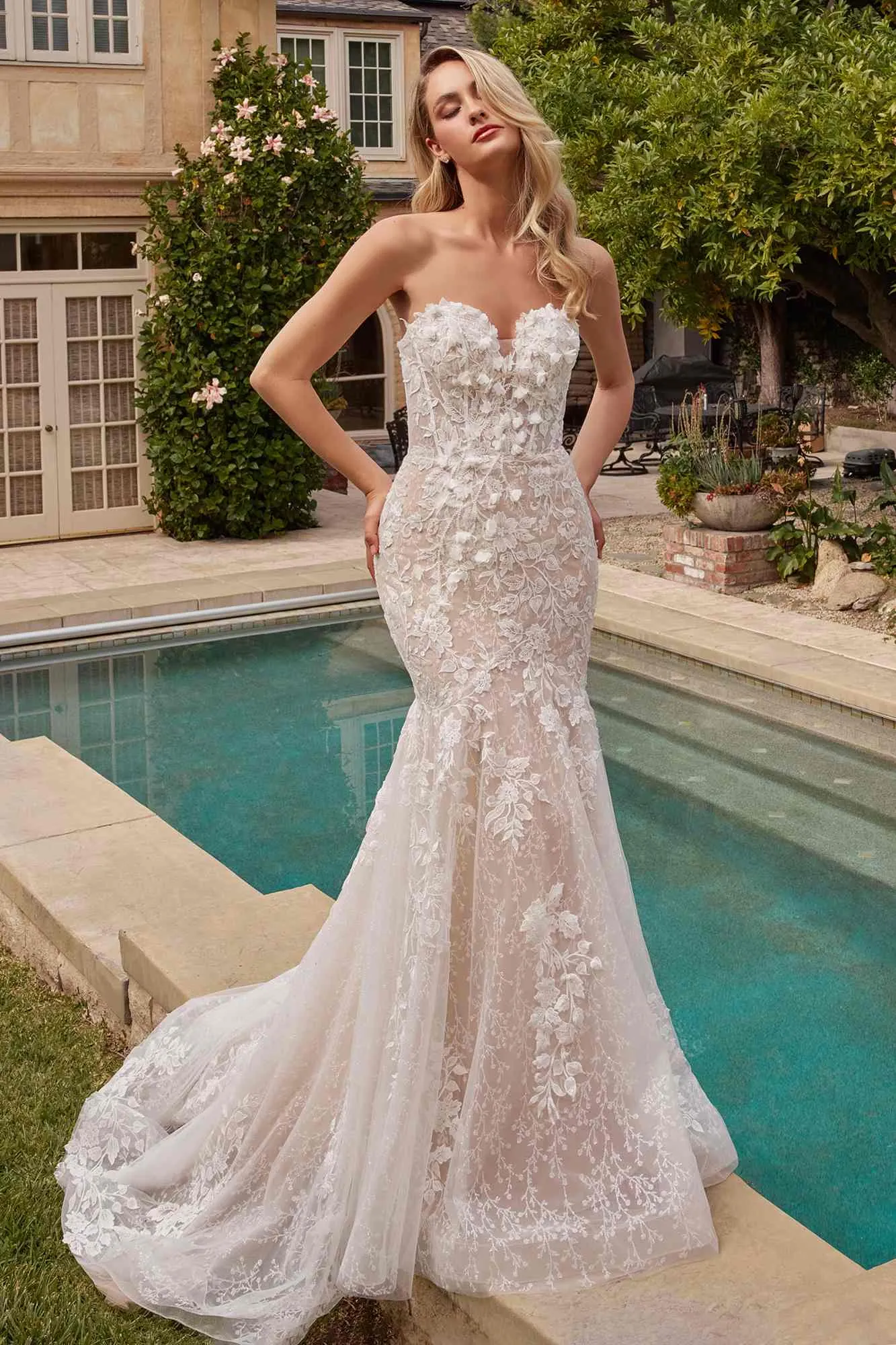 Ladivine CDS431W Long Lace Mermaid Bridal Gown Removable Sleeves
