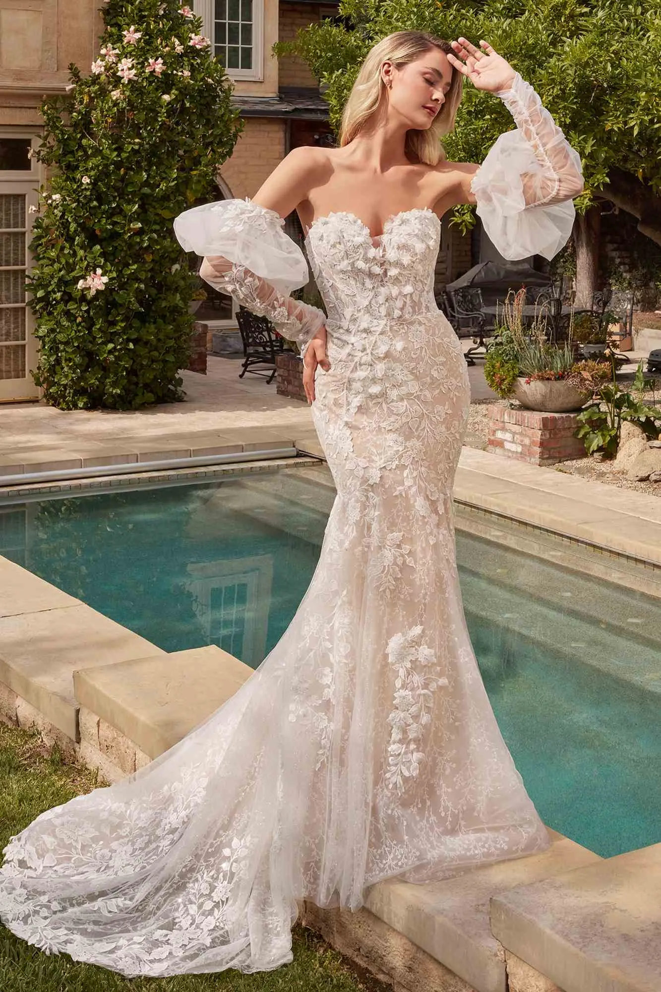 Ladivine CDS431W Long Lace Mermaid Bridal Gown Removable Sleeves