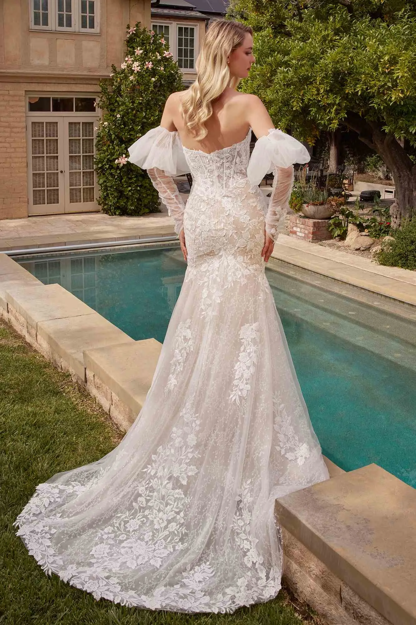 Ladivine CDS431W Long Lace Mermaid Bridal Gown Removable Sleeves