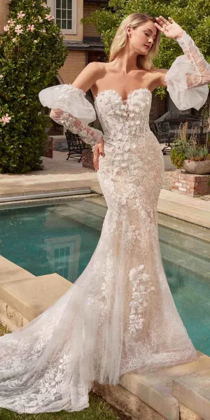 Ladivine CDS431W Long Lace Mermaid Bridal Gown Removable Sleeves