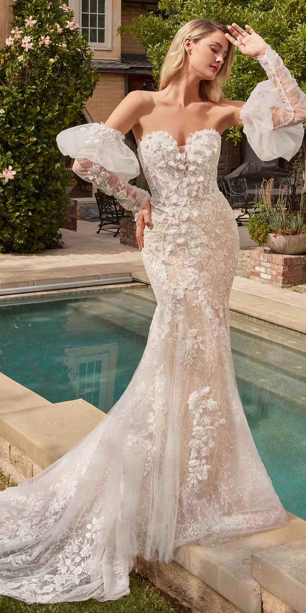 Ladivine CDS431W Long Lace Mermaid Bridal Gown Removable Sleeves