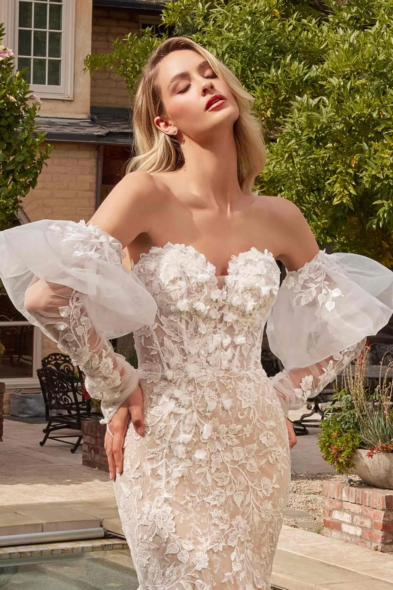 Ladivine CDS431W Long Lace Mermaid Bridal Gown Removable Sleeves