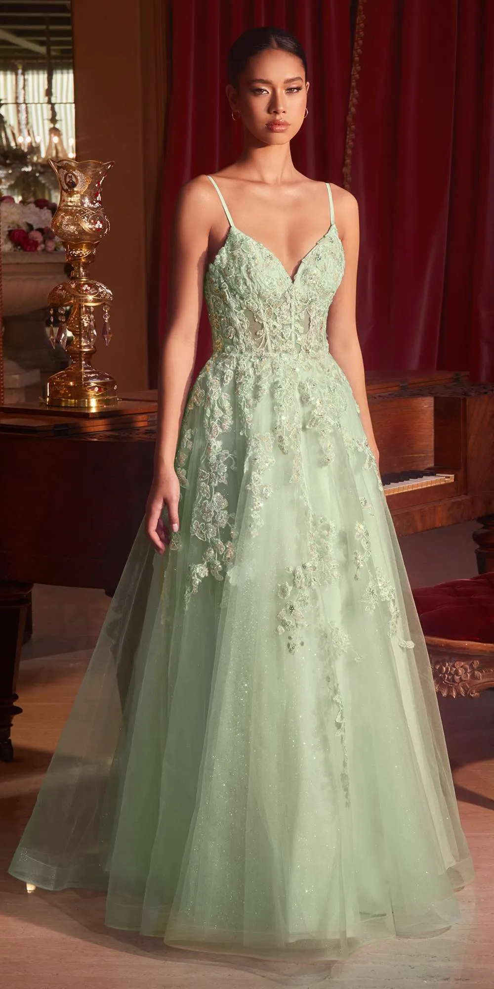 Ladivine CM347 Long Sleeveless Floral Applique A-line Ball Gown