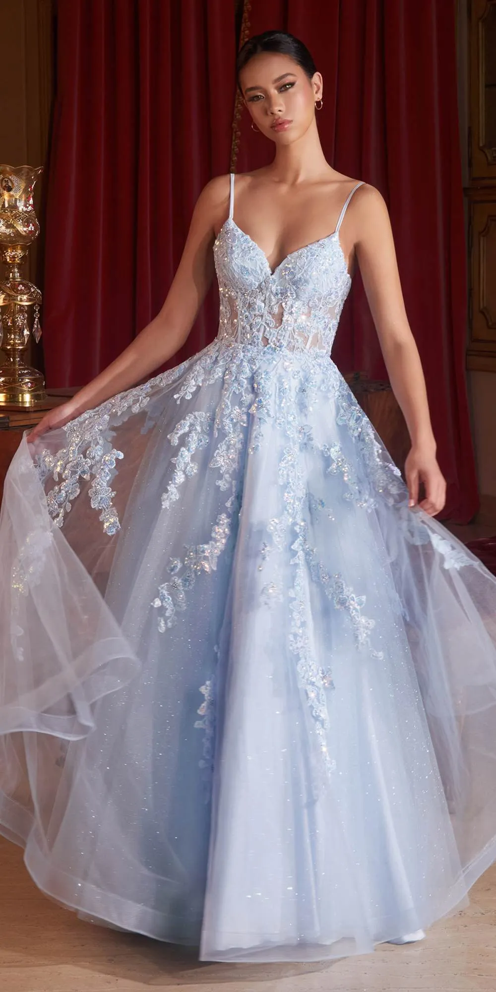 Ladivine CM347 Long Sleeveless Floral Applique A-line Ball Gown