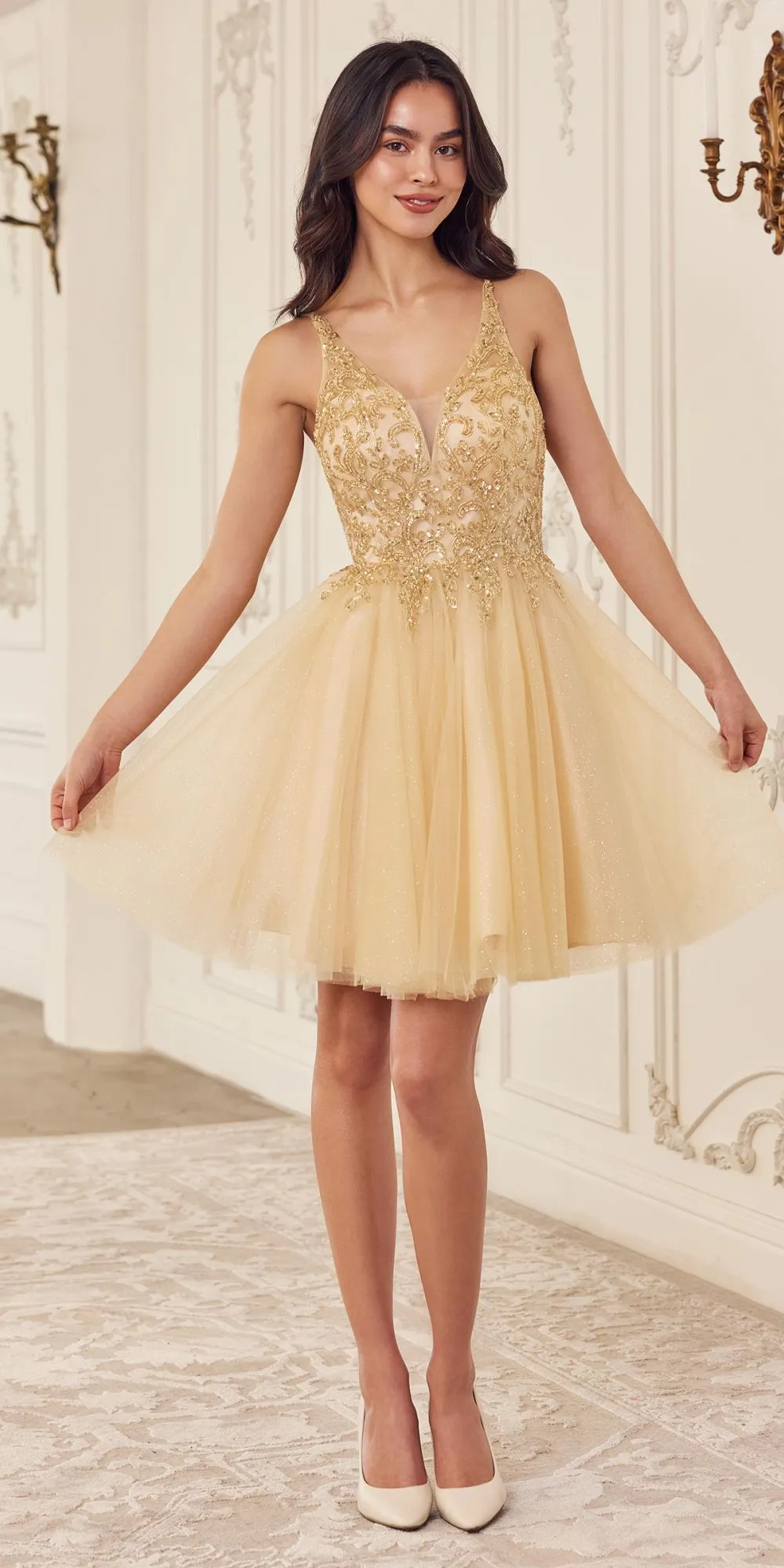 Ladivine CY022 Beaded A-Line Layered Tulle Short Homecoming Dress