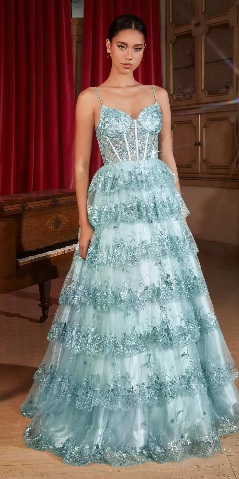 Ladivine KV1108 Long Layered Tier Scalloped Sequin Ruffled Ball Gown
