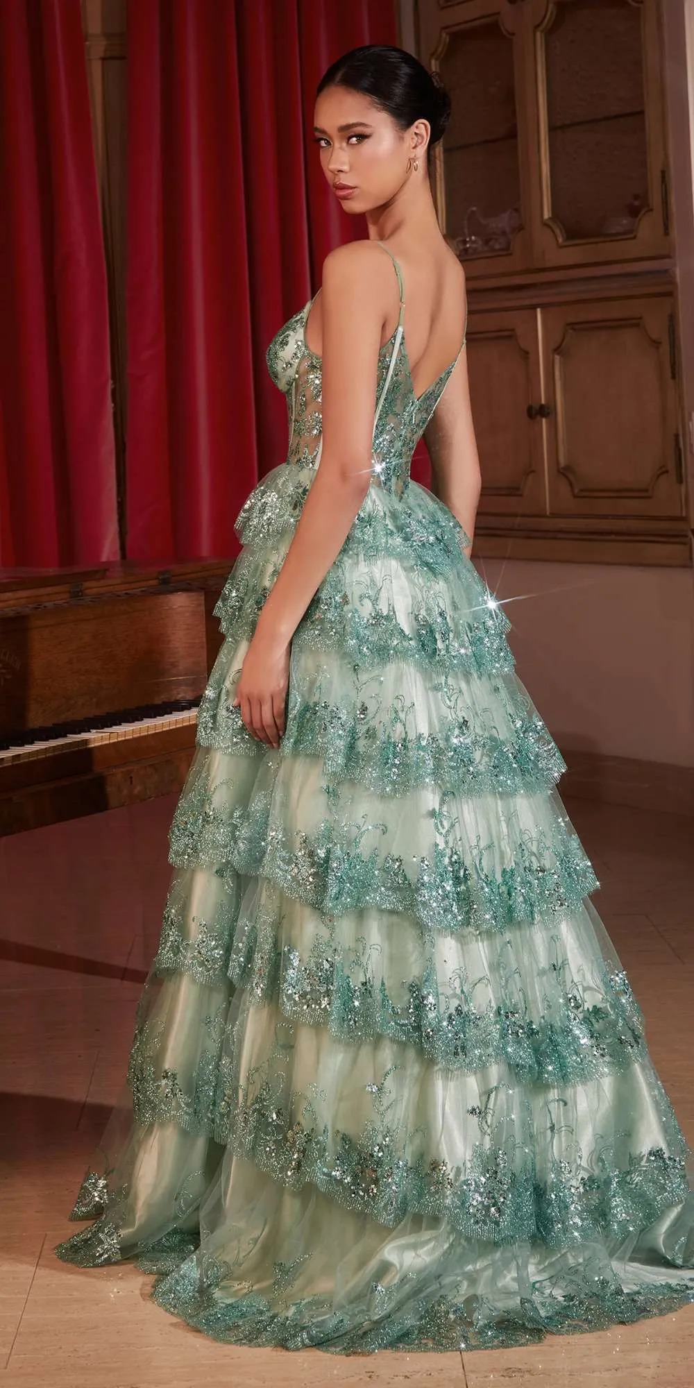 Ladivine KV1108 Long Layered Tier Scalloped Sequin Ruffled Ball Gown