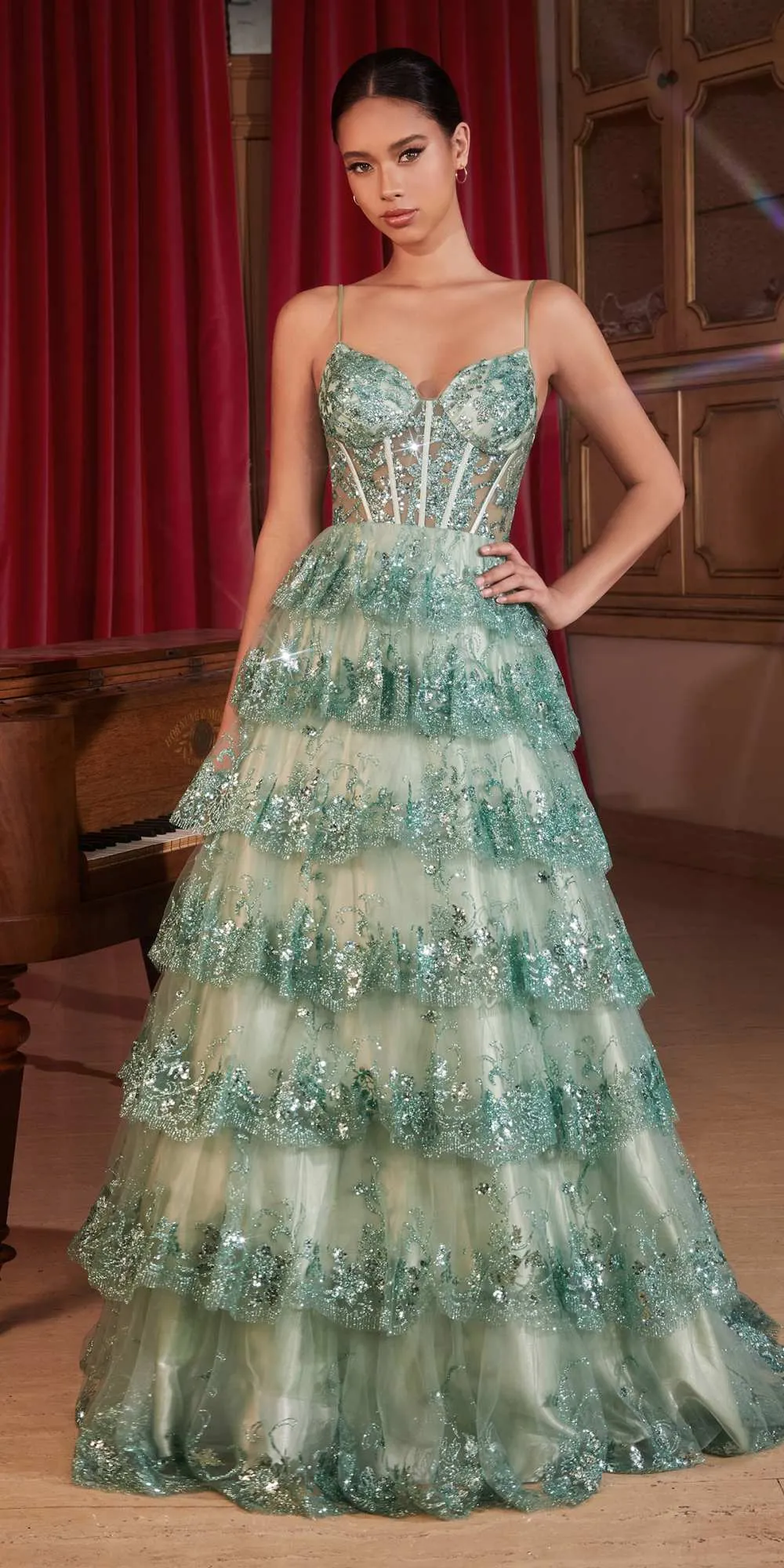 Ladivine KV1108 Long Layered Tier Scalloped Sequin Ruffled Ball Gown