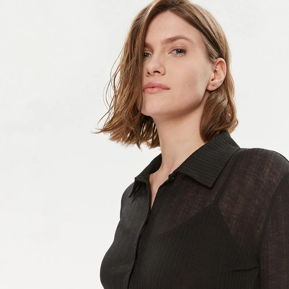 Layered Sheer Button Dress - Black