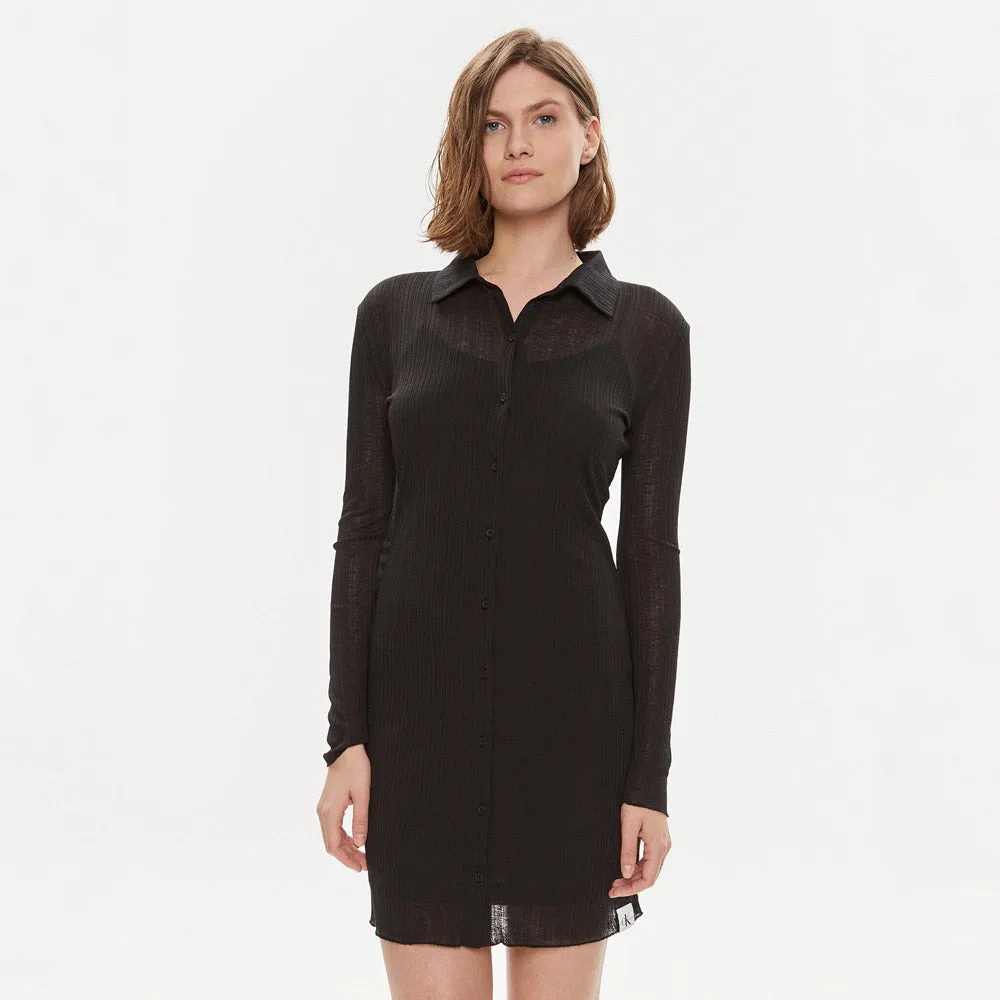 Layered Sheer Button Dress - Black