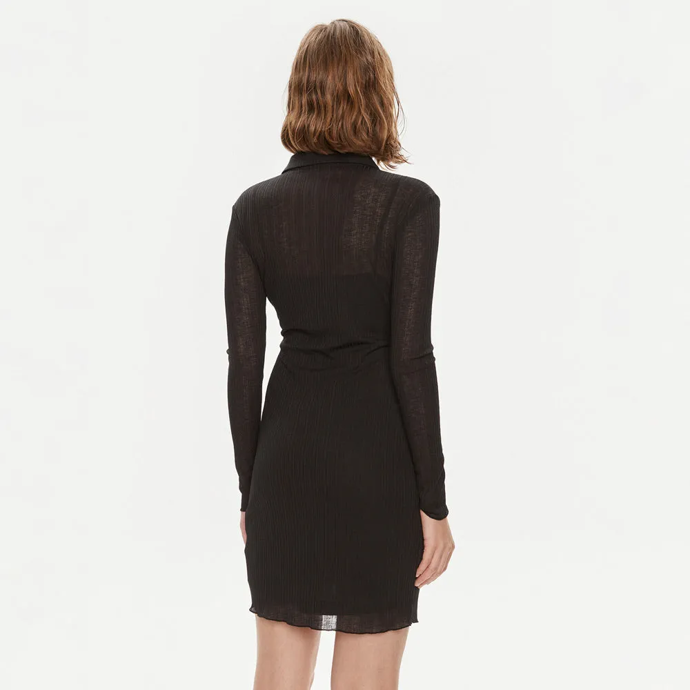 Layered Sheer Button Dress - Black
