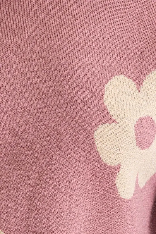 LE LIS Long Sleeve Crop Sweater with Daisy Pattern