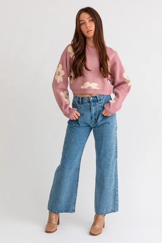 LE LIS Long Sleeve Crop Sweater with Daisy Pattern