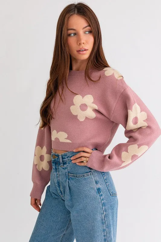 LE LIS Long Sleeve Crop Sweater with Daisy Pattern
