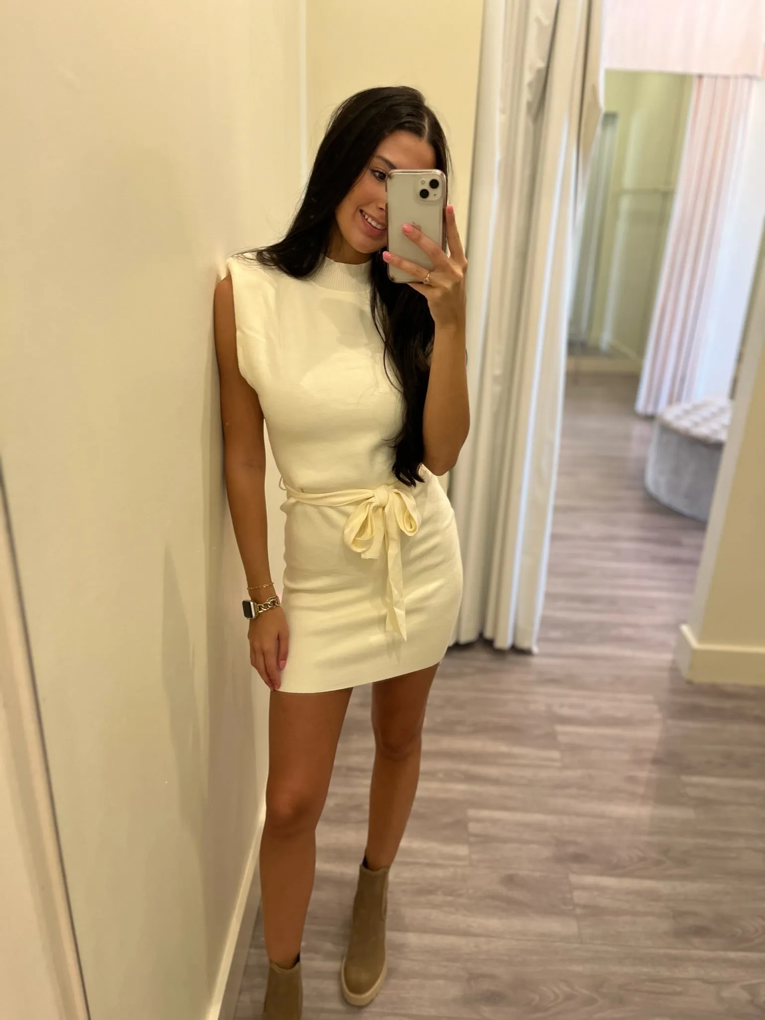 LE5685 mock neck power shoulder knit dress