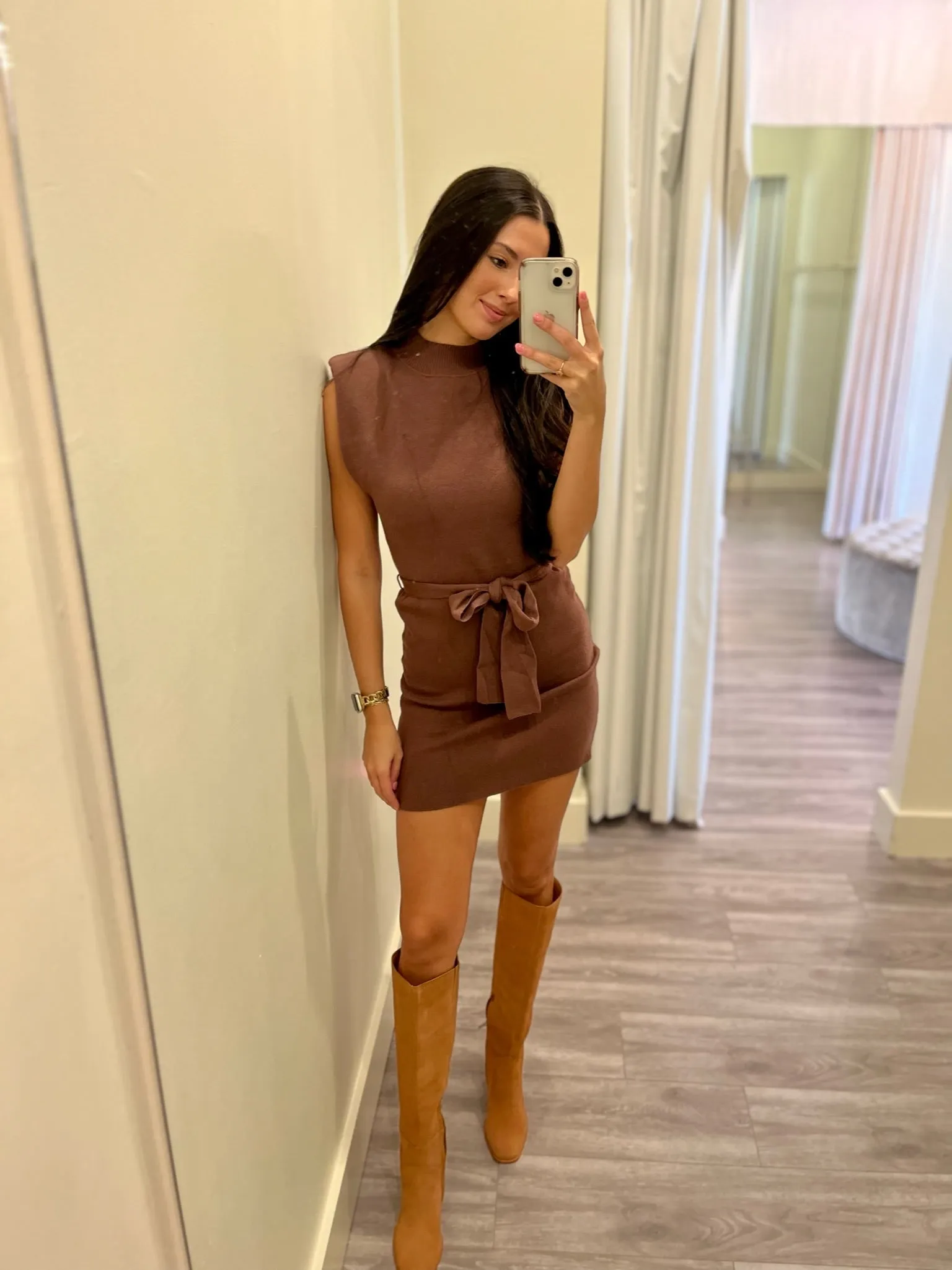 LE5685 mock neck power shoulder knit dress