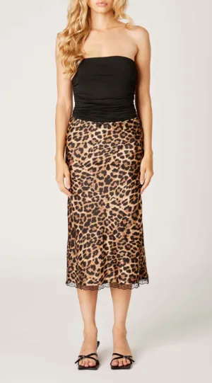 Leopard Print Lace Hem Midi Skirt