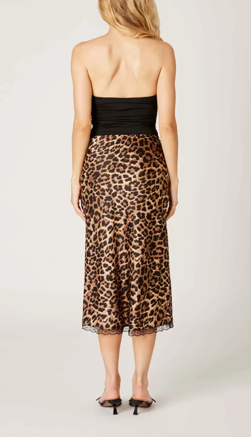 Leopard Print Lace Hem Midi Skirt