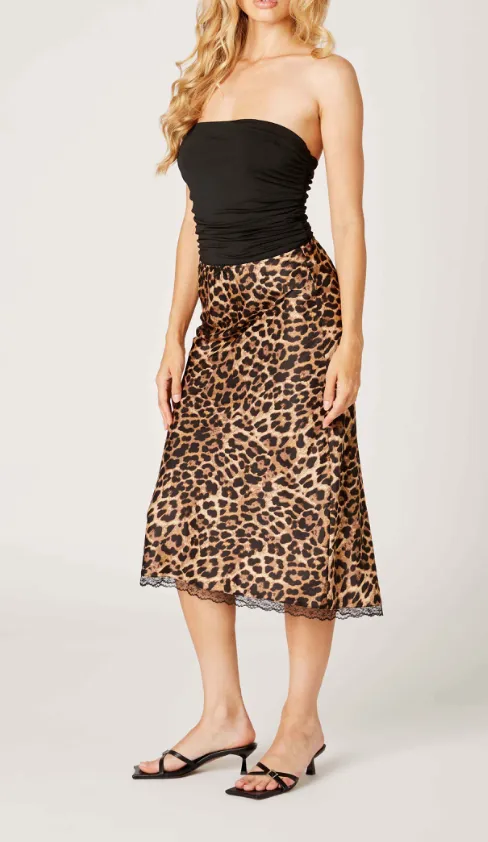 Leopard Print Lace Hem Midi Skirt