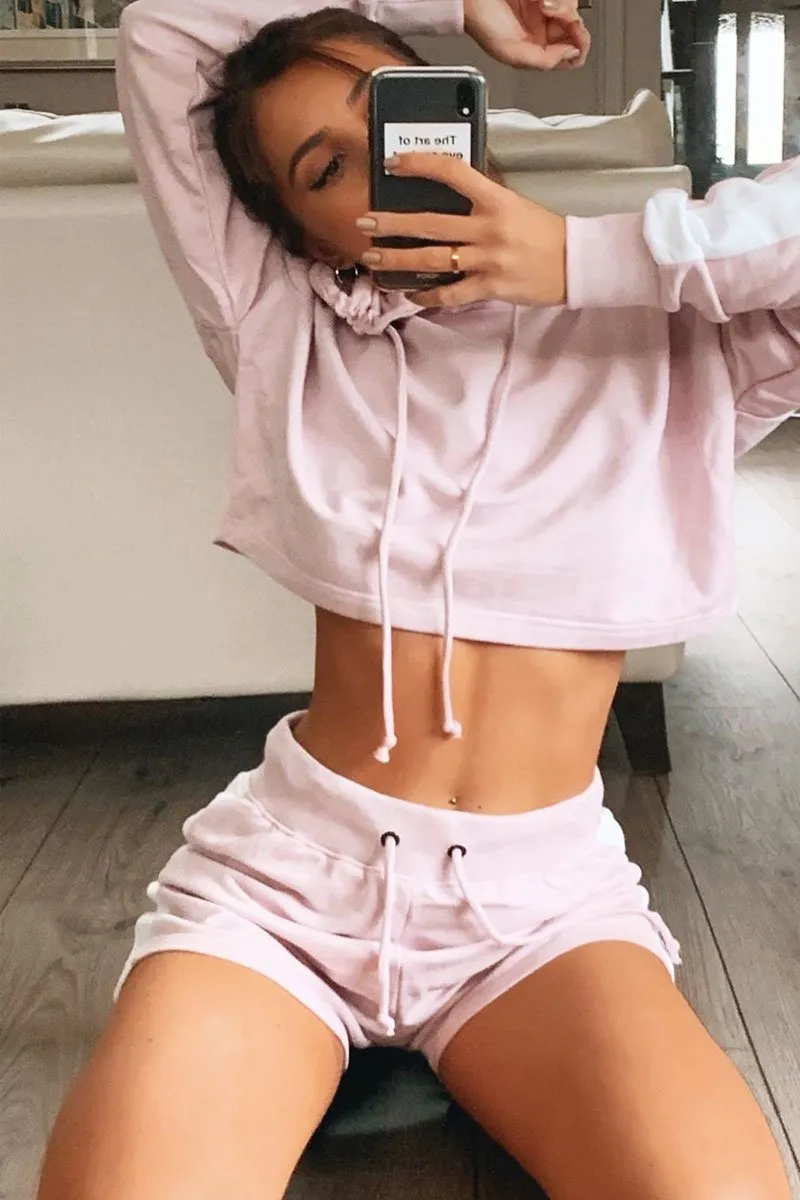 Lilac White Stripe Cropped Hoodie and Shorts Loungewear Co-ord - Dariella
