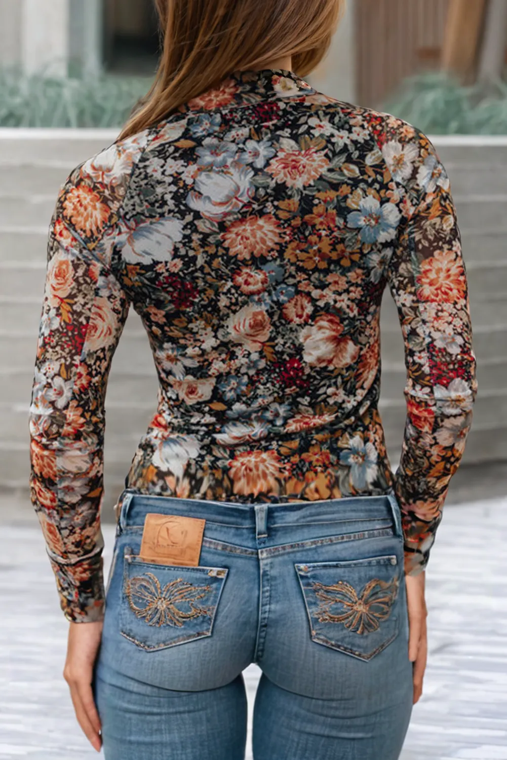 Lillian  Floral Long Sleeve High Neck Sheath Mesh Blouse