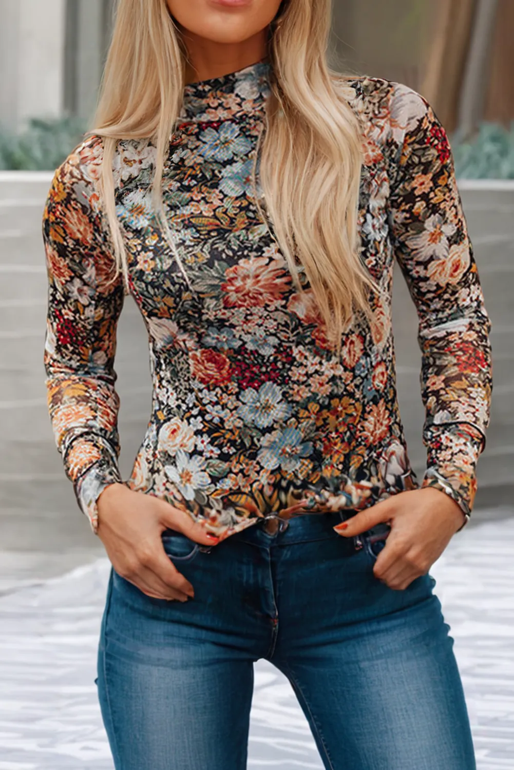 Lillian  Floral Long Sleeve High Neck Sheath Mesh Blouse