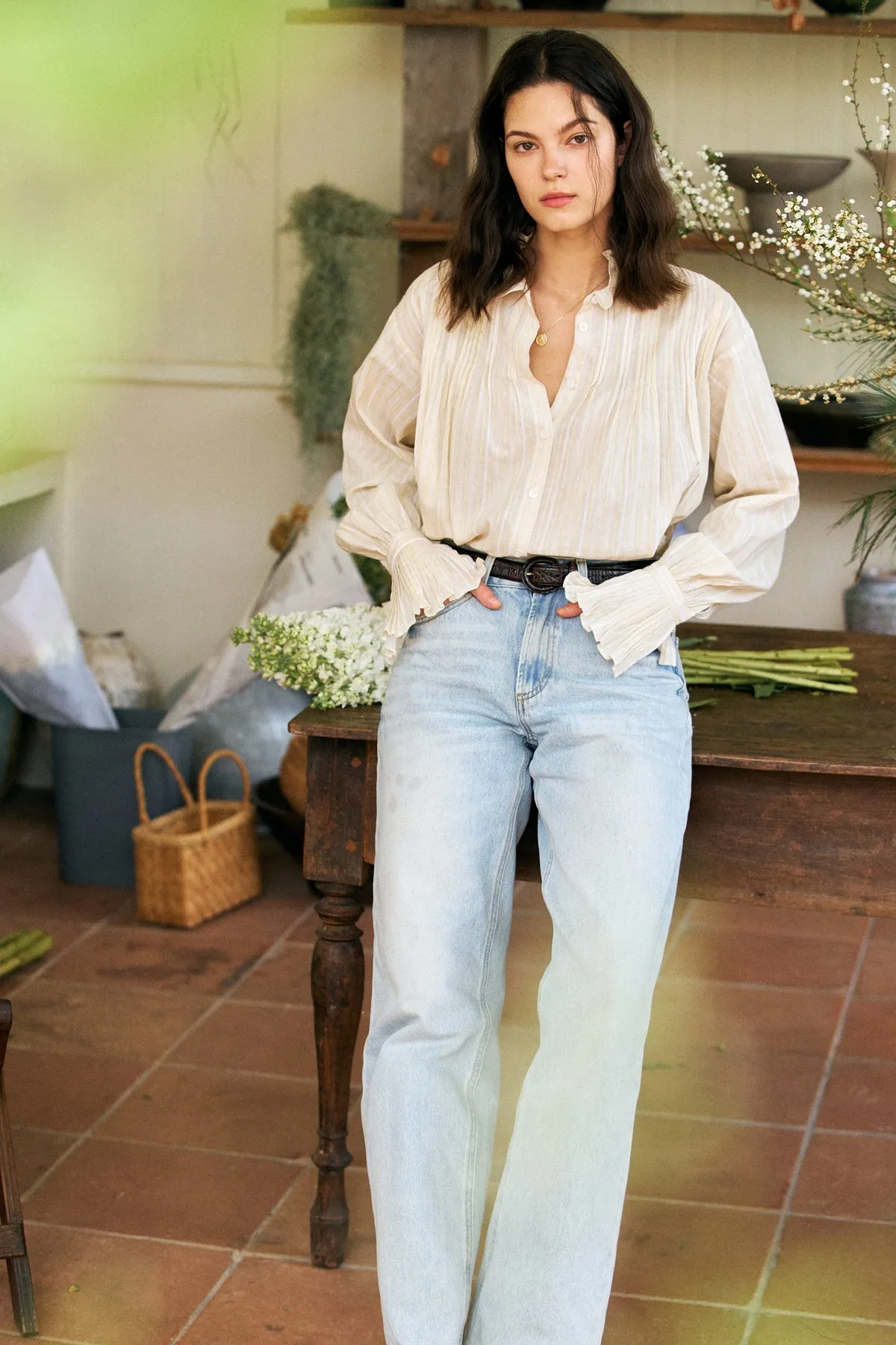 Linen Accordion Lace Stripe Shirt