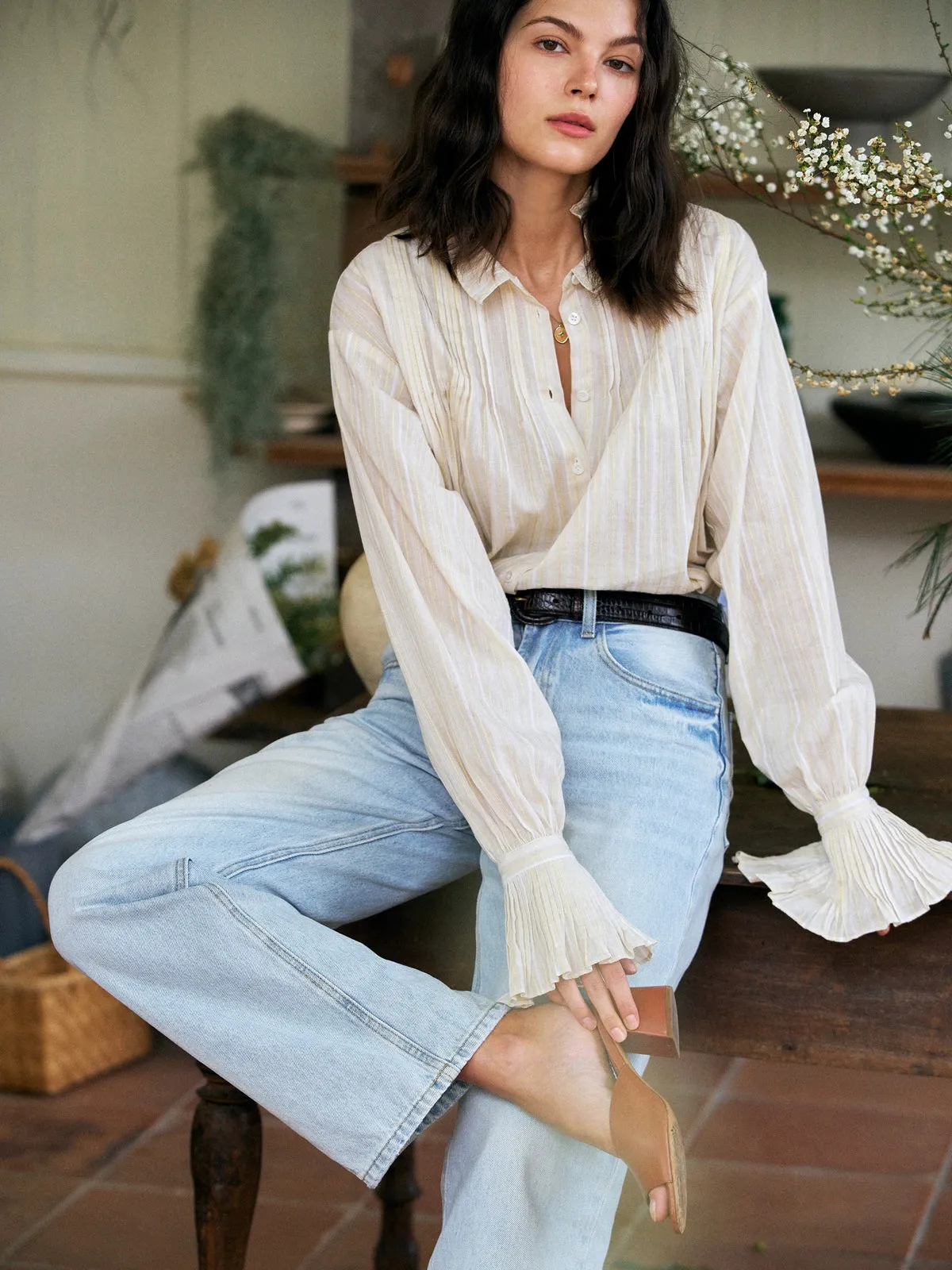 Linen Accordion Lace Stripe Shirt