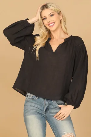 LONG PUFF SLEEVE NOTCH NECK LACE TOP