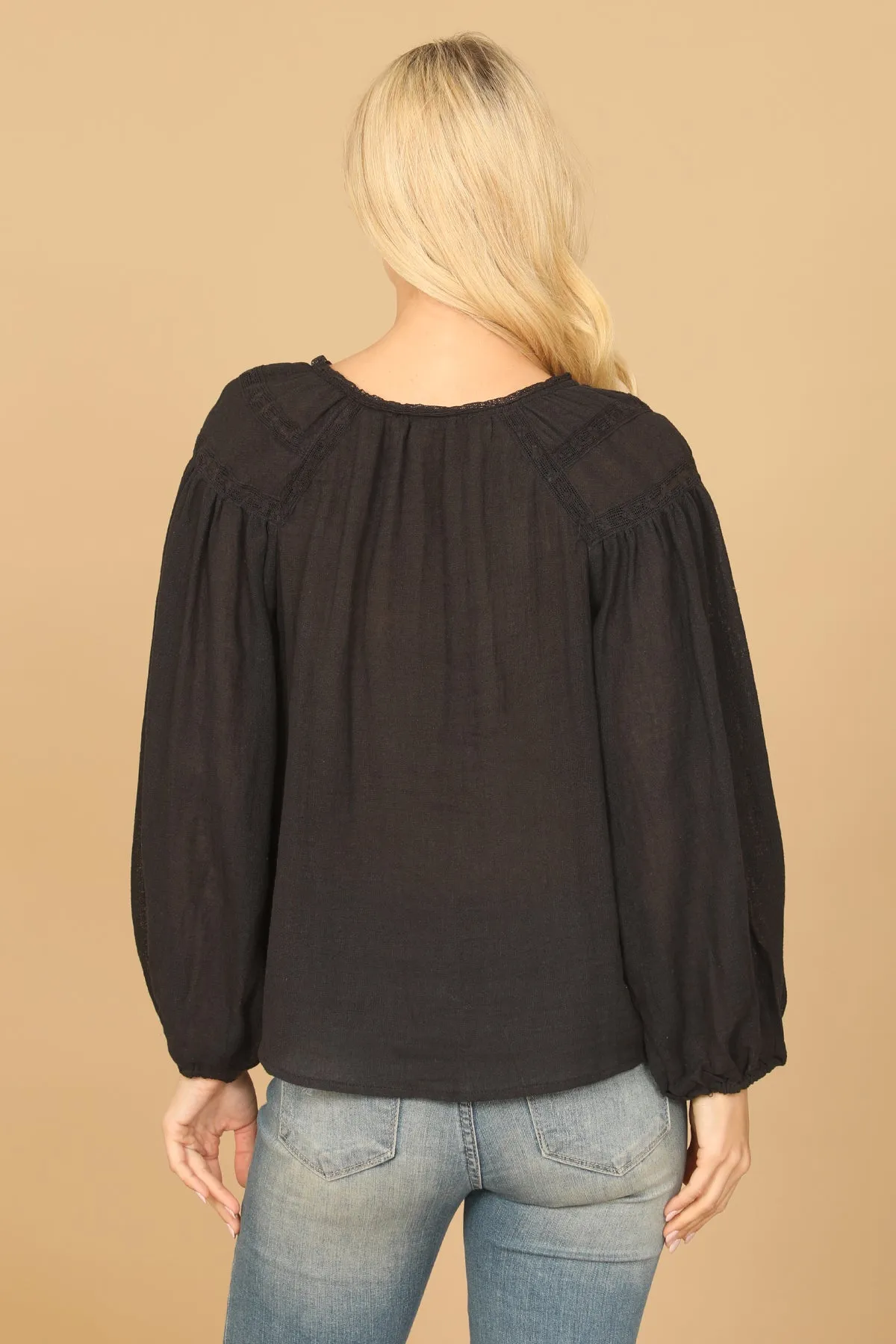 LONG PUFF SLEEVE NOTCH NECK LACE TOP