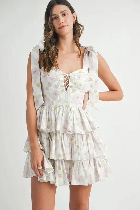 MABLE Floral Print Shoulder Tie Layered Mini Dress S-L