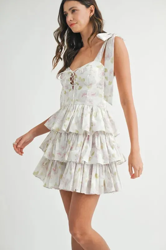 MABLE Floral Print Shoulder Tie Layered Mini Dress S-L