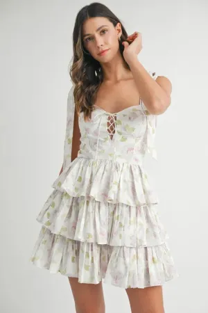 MABLE Floral Print Shoulder Tie Layered Mini Dress S-L