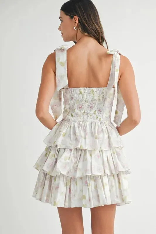 MABLE Floral Print Shoulder Tie Layered Mini Dress S-L
