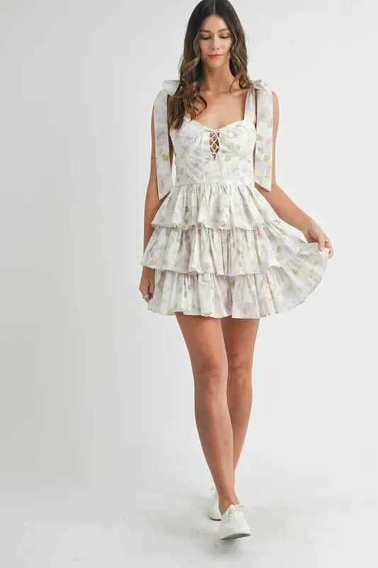 MABLE Floral Print Shoulder Tie Layered Mini Dress S-L