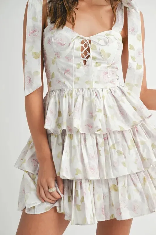 MABLE Floral Print Shoulder Tie Layered Mini Dress S-L