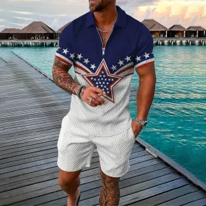 Men's 3D Stars Print Polo Shirt and Shorts 2PCS Set