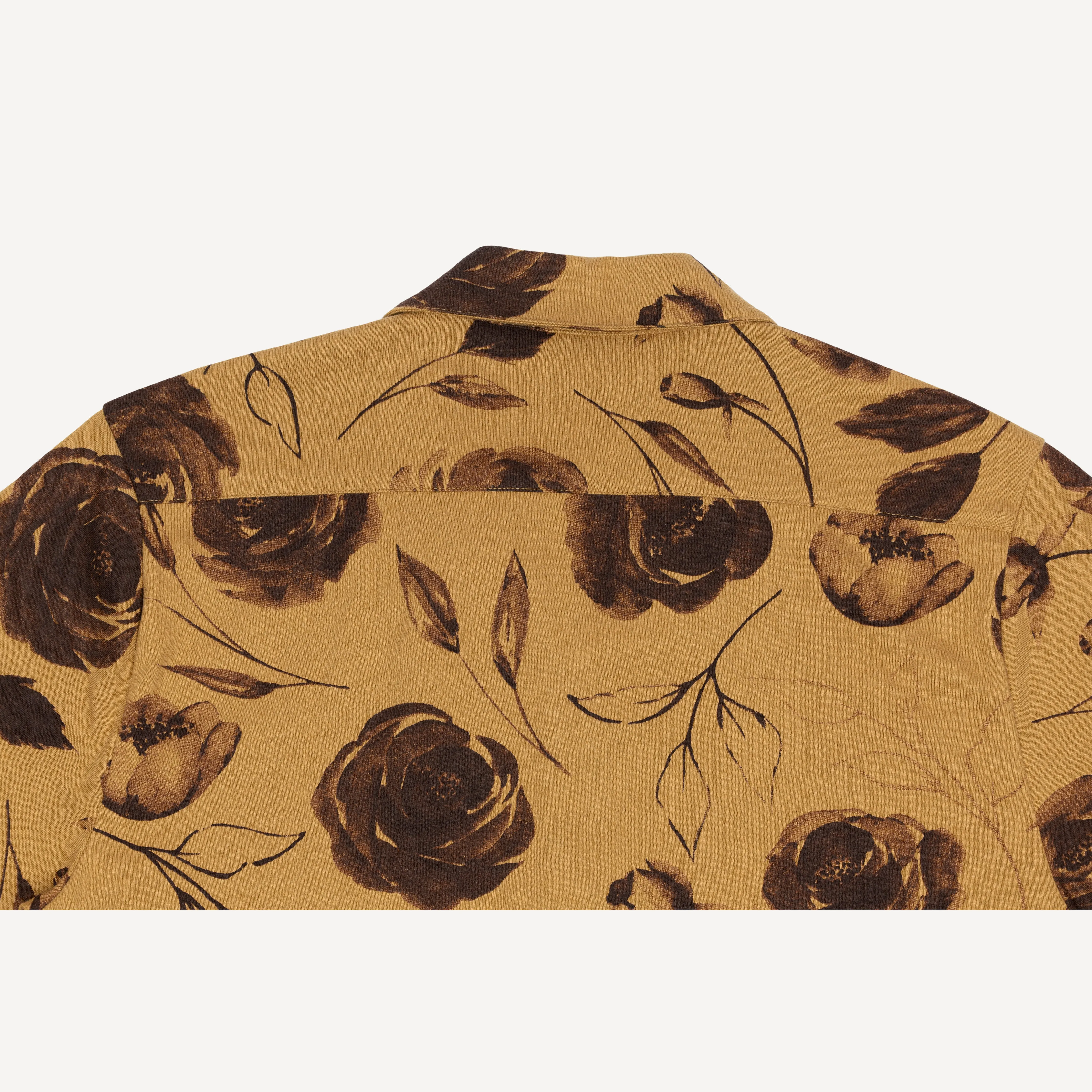 Mens Knit Camp Shirt and Short Set - Honey Mustard / Rose