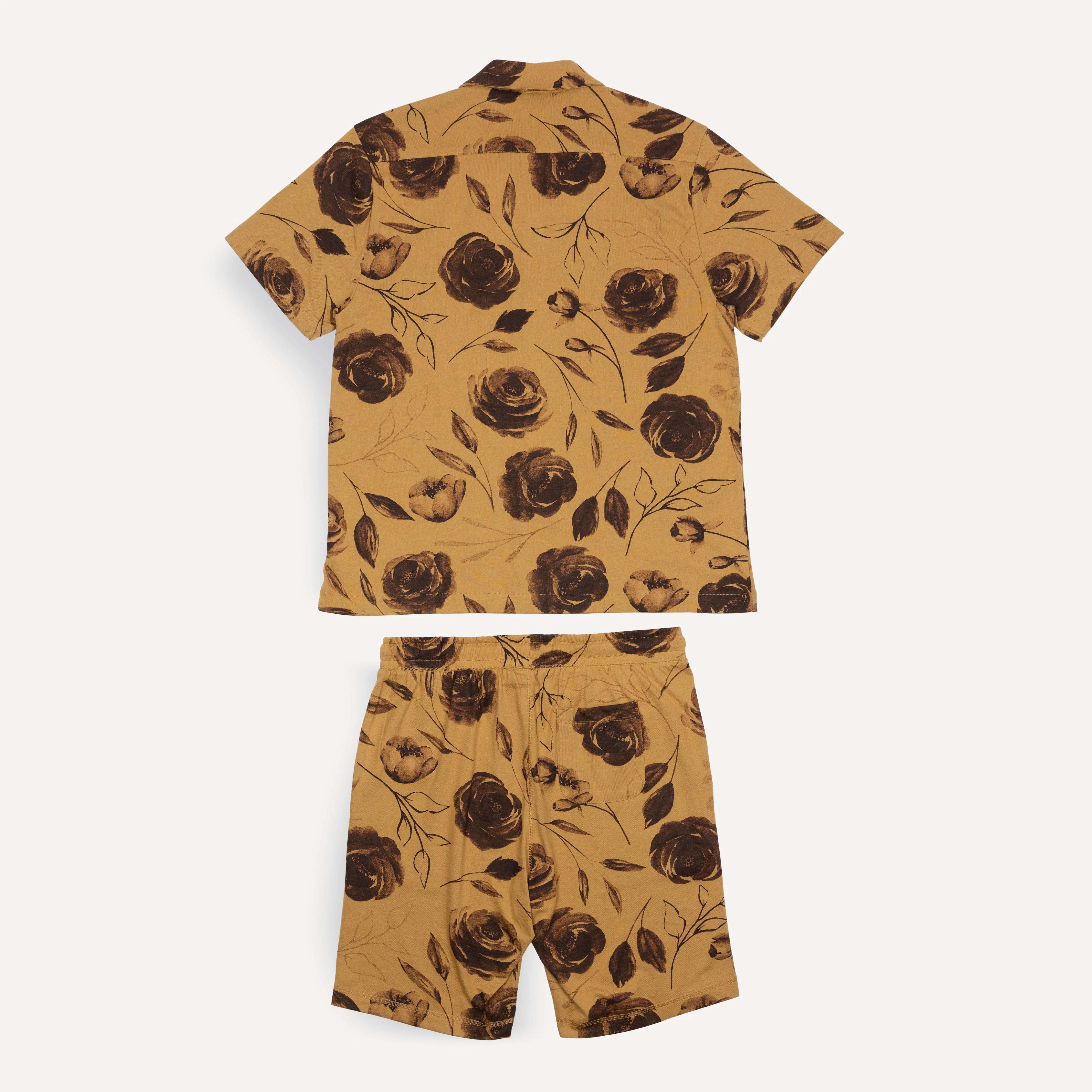 Mens Knit Camp Shirt and Short Set - Honey Mustard / Rose