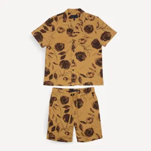 Mens Knit Camp Shirt and Short Set - Honey Mustard / Rose