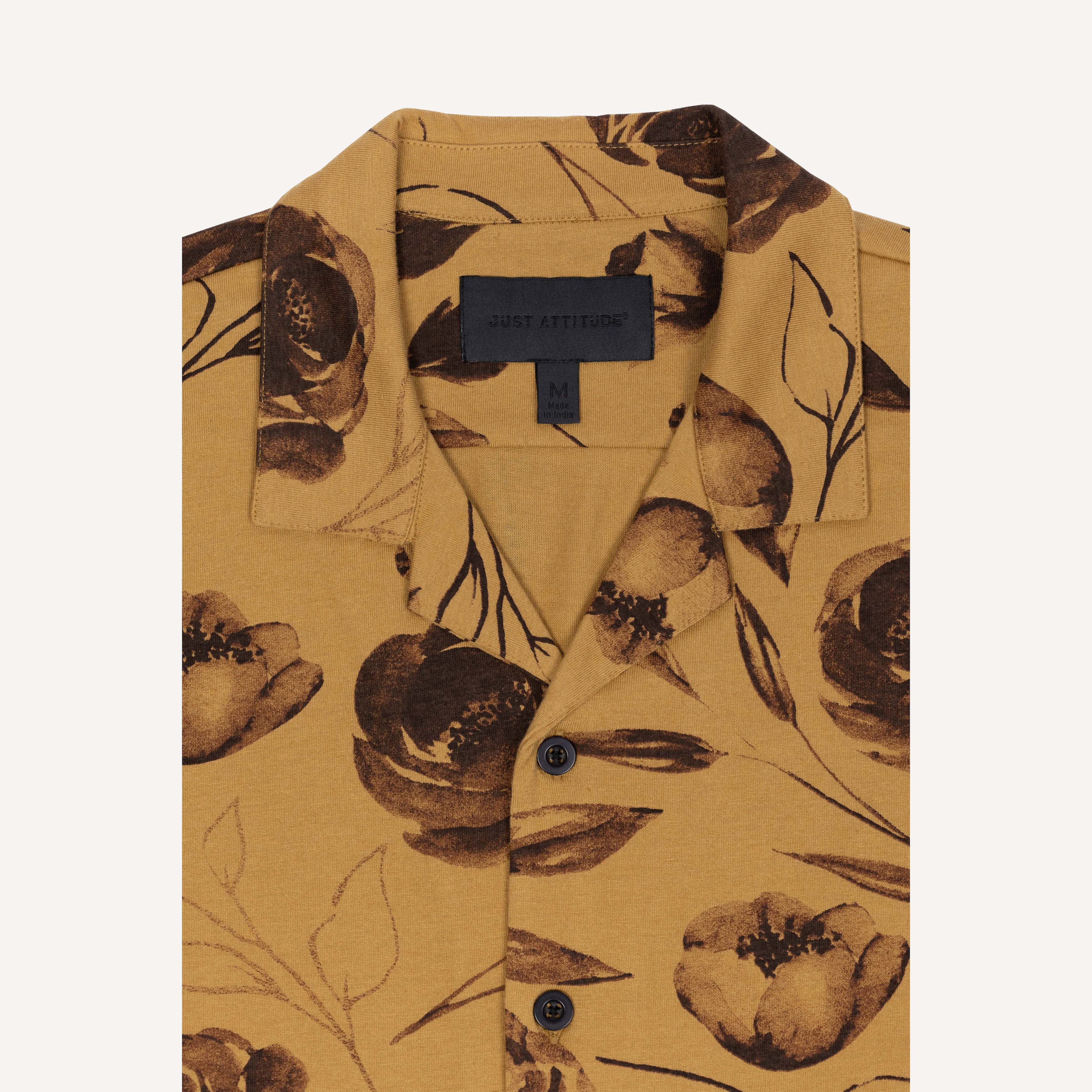 Mens Knit Camp Shirt and Short Set - Honey Mustard / Rose