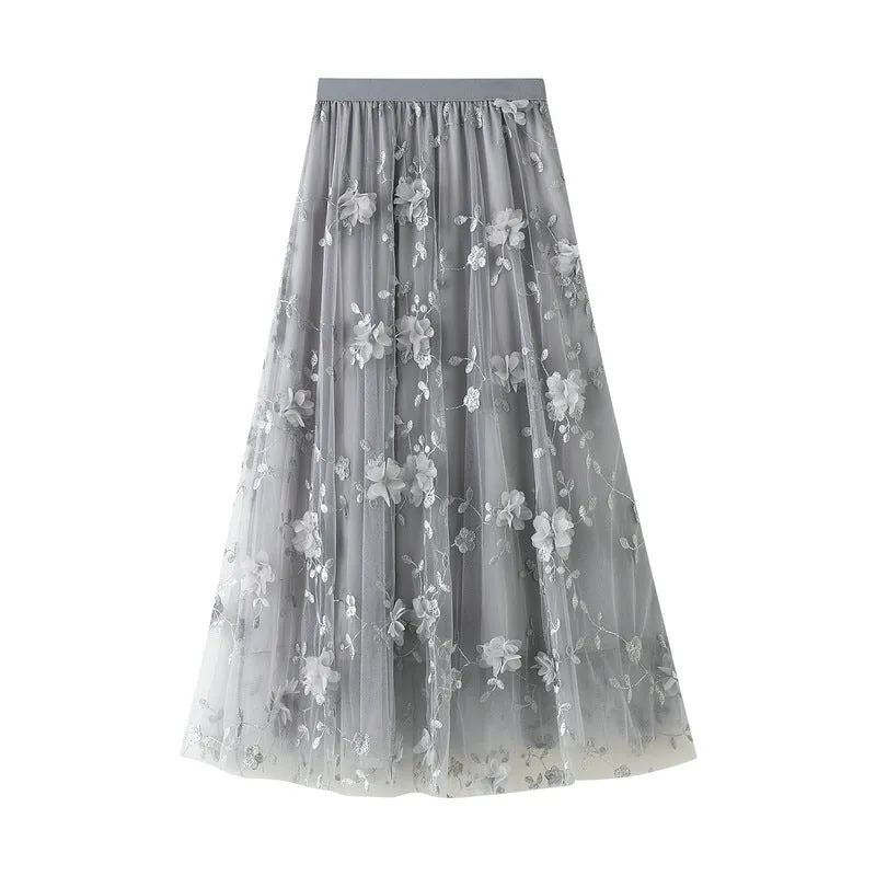 Mesh Embroidered Skirt Large Size Gauze Skirt Autumn High Waist Skirt