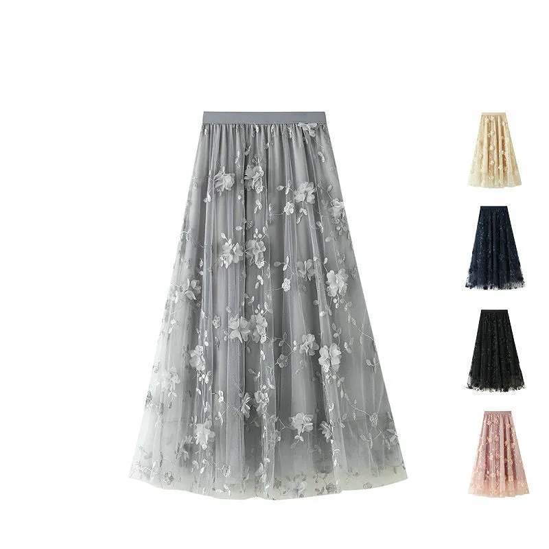 Mesh Embroidered Skirt Large Size Gauze Skirt Autumn High Waist Skirt