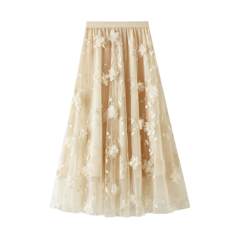 Mesh Embroidered Skirt Large Size Gauze Skirt Autumn High Waist Skirt