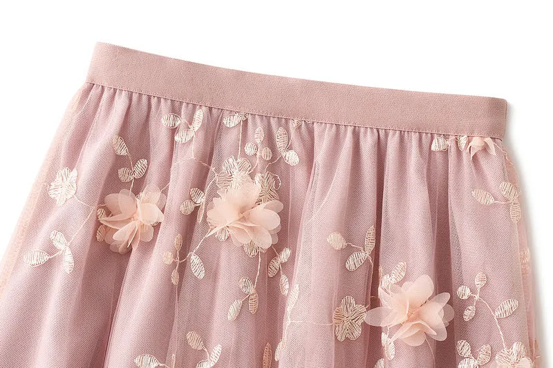 Mesh Embroidered Skirt Large Size Gauze Skirt Autumn High Waist Skirt