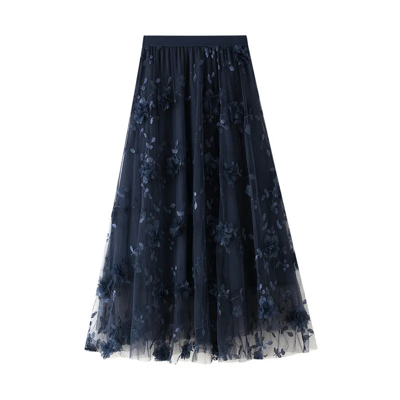 Mesh Embroidered Skirt Large Size Gauze Skirt Autumn High Waist Skirt