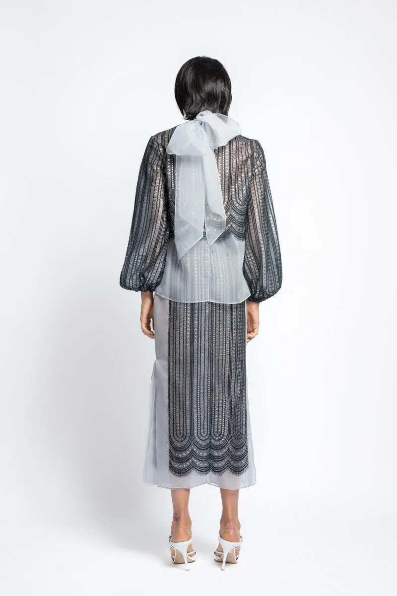 Metallic Nailhead Lace And Organza Blouse With Bow