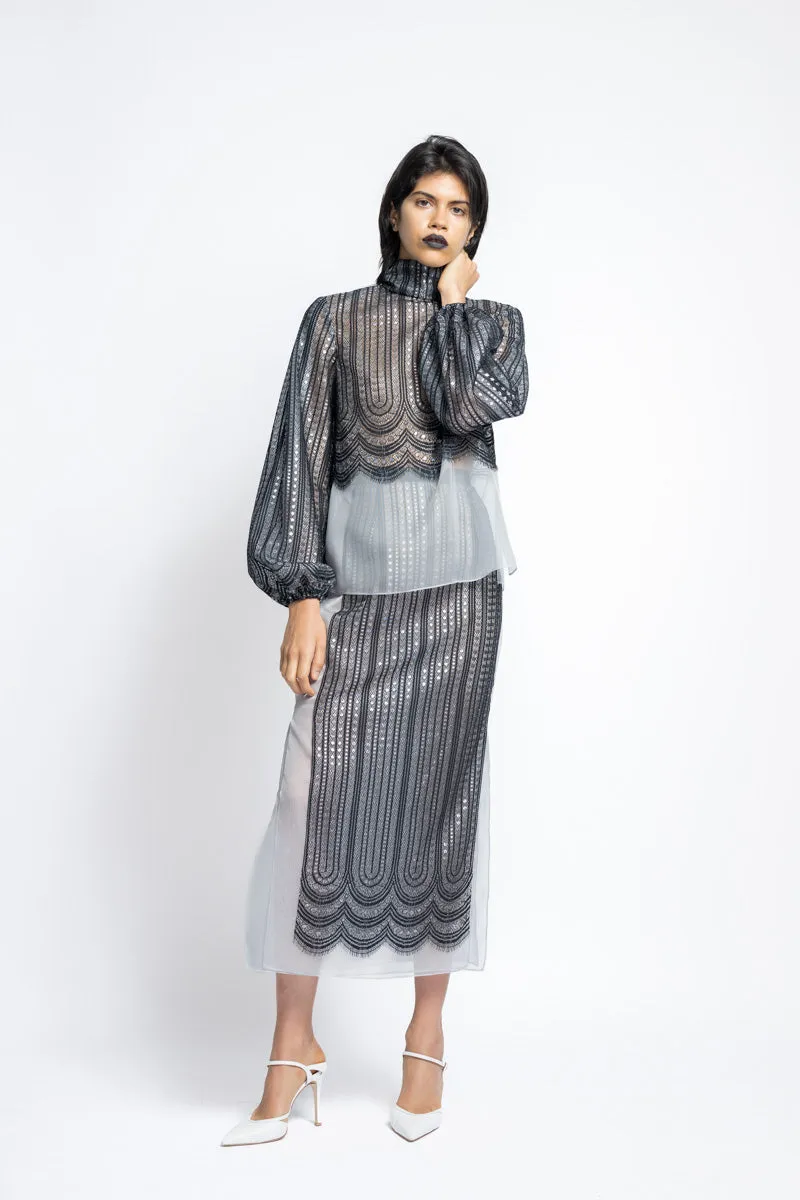 Metallic Nailhead Lace And Organza Blouse With Bow