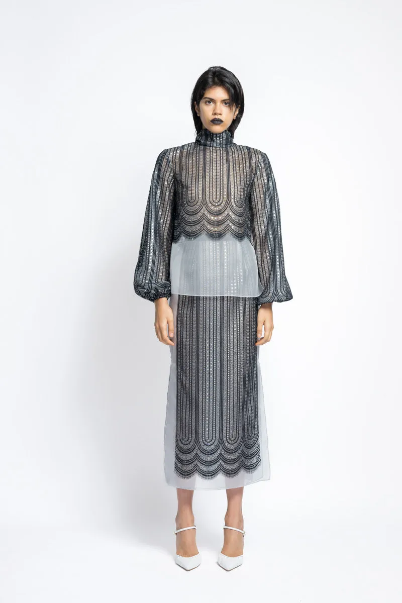 Metallic Nailhead Lace And Organza Blouse With Bow