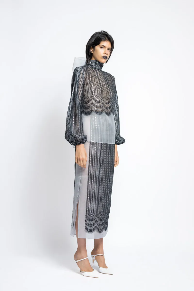 Metallic Nailhead Lace And Organza Blouse With Bow
